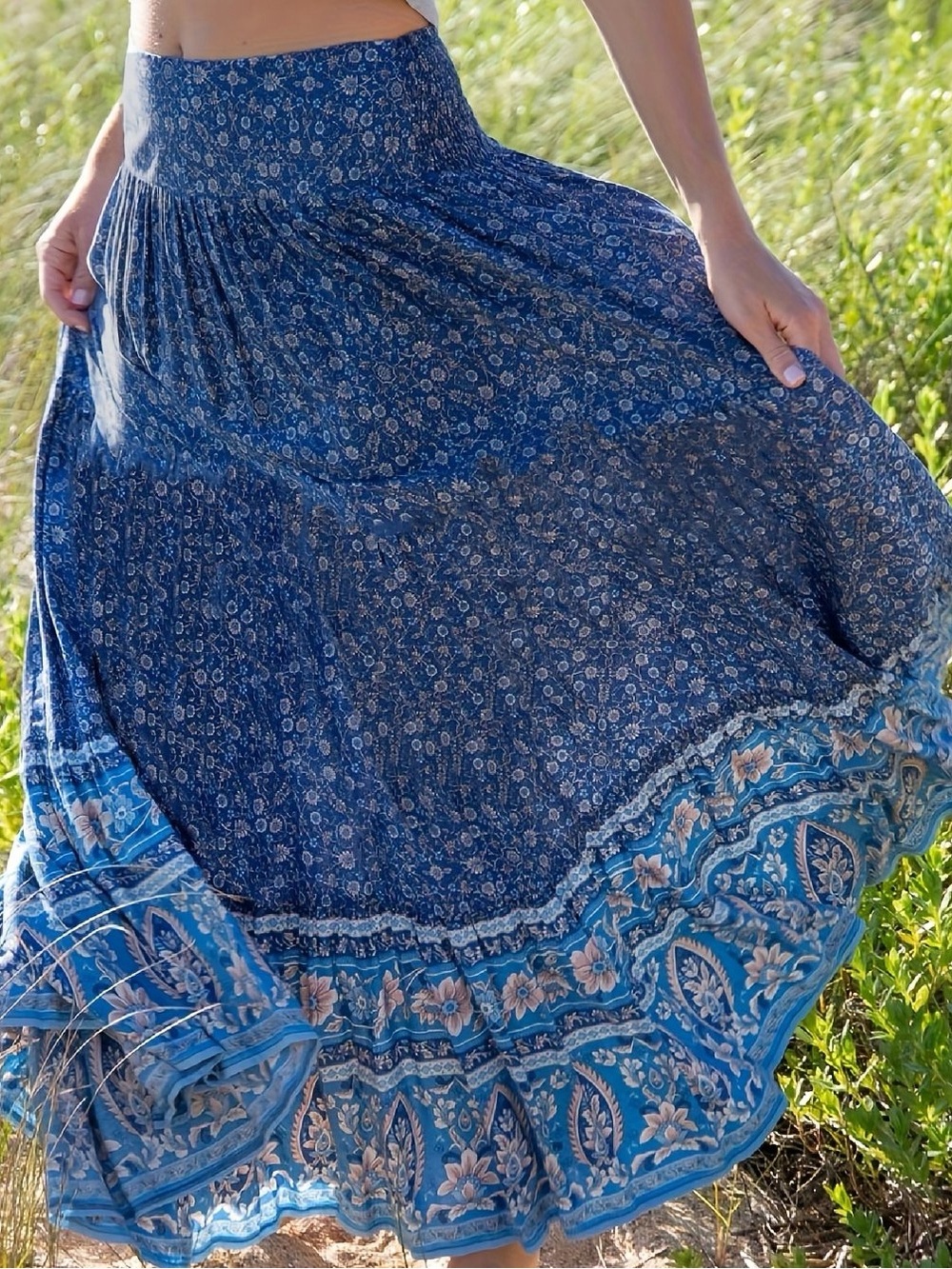 Natural Life Boho Maxi Skirt Size Small Blue Peach Floral Smocked